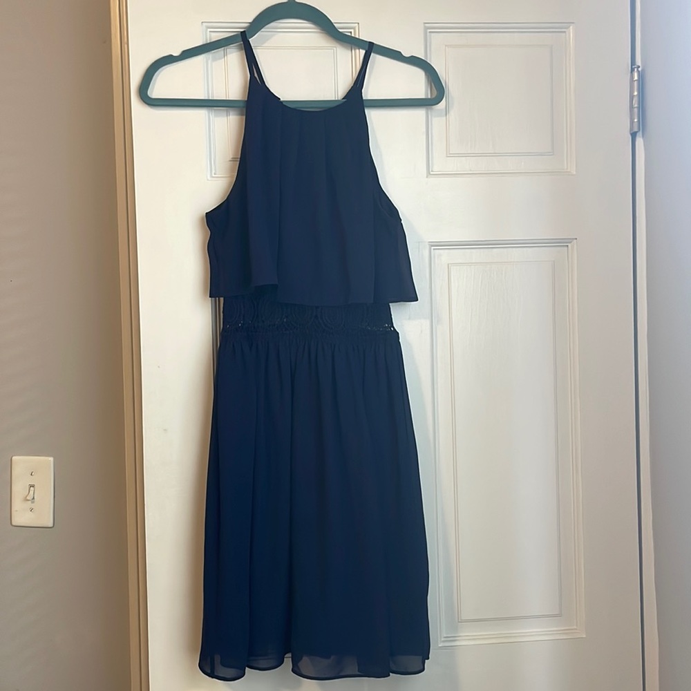 Navy blue, semi-formal dress. Great for weddings.